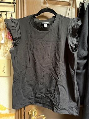 Karl Lagerfeld Black Ruffle Cap-Sleeve Tank Top